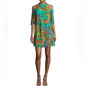 Trina Turk 100% Silk Dress - ‘Spirit Papillion Palm Print Cold Shoulder Dress’